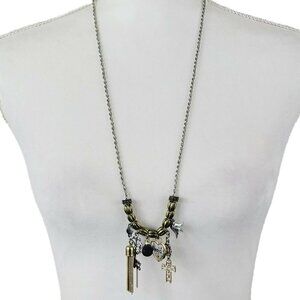 Cato Charm Necklace 2 Tone Silver & Gold Rope Chain Heart Bird Cross Key Tassel
